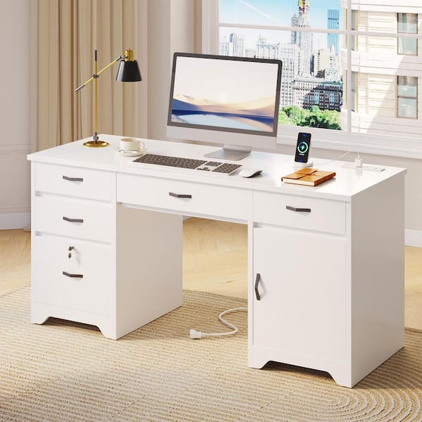59 in. Rectangular White Executive Desk with Lockable File Drawer and Power Outlet Office Desk 2-in-1 Keyboard Drawer