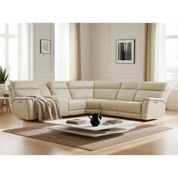 Cole 105" in. Genuine Leather Power Recliner Sectional Sofa with Console, Ajustable Headrest, USB&USB-C Port in. Cream