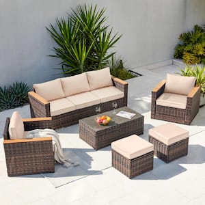 6-Piece Brown Wicker Outdoor Sectional Sofa Set with Rectangular Table and Kihaki Cushions