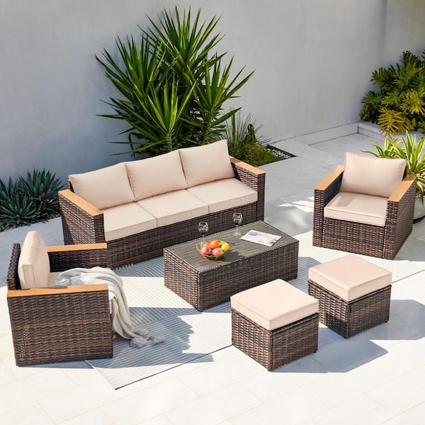 Cesicia 6-Piece Brown Wicker Outdoor Sectional Sofa Set with Rectangular Table and Kihaki Cushions