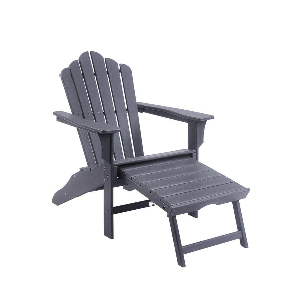 Classic Gray Plastic Outdoor Patio Adirondack Chair with Footrest
