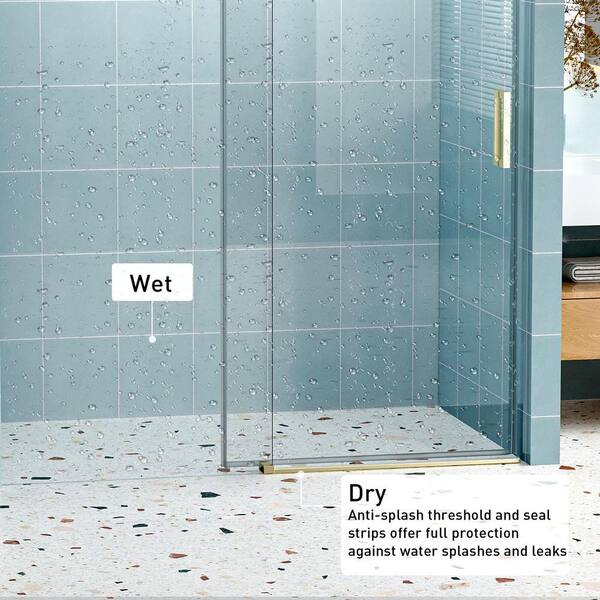 ANGELES HOME 60 in. W x 76 in. H Single Sliding Frameless Soft-closing Shower Door in Gold with 1/4 in. (6mm) Tempered Clear Glass