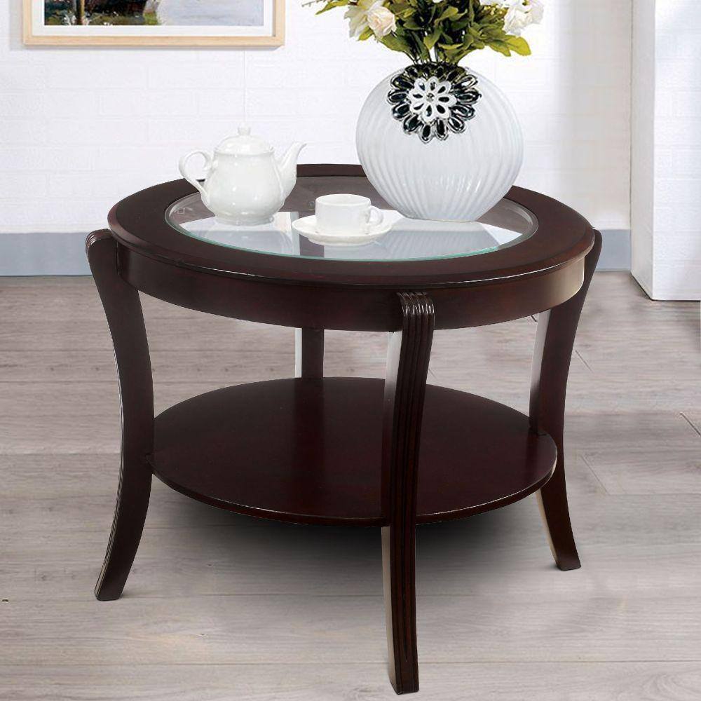 Espresso Round Wood and Glass End Table
