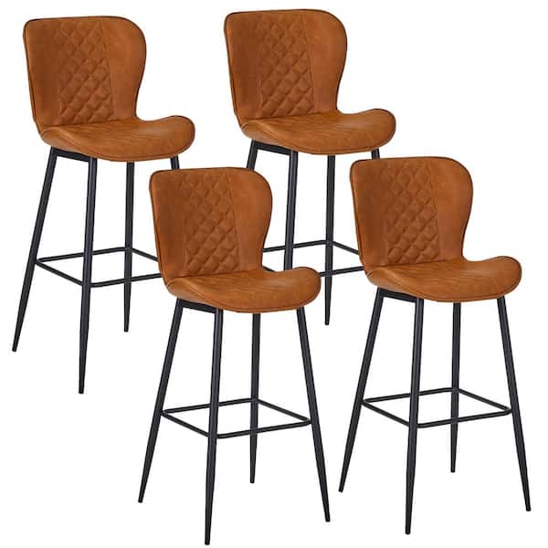 29.5 in. Faux Leather Bar Stools Set of 4, Brown Bar Height Chairs with Backrest and Metal Legs for Kitchen Island