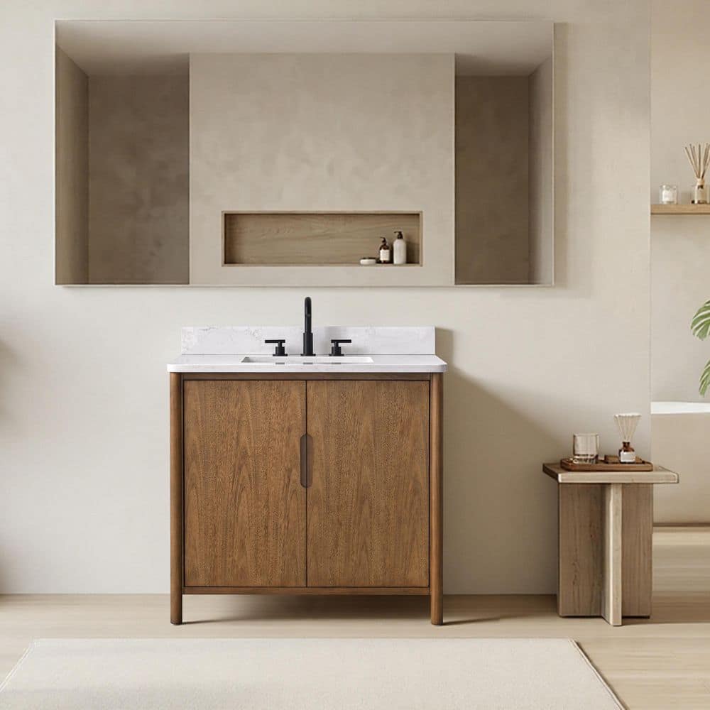 36 in. W x 22 in. D x 38 in. H Freestanding Bathroom Vanity in Tan with Engineered Stone Top price history on PriceWatchPro