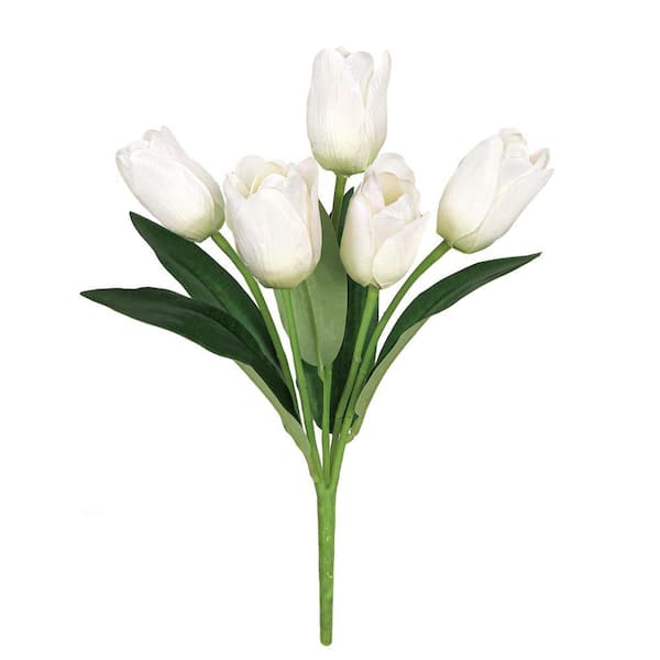 12 in. Cream White Artificial Tulip Flower Stem Bush Bouquet (Set-6)