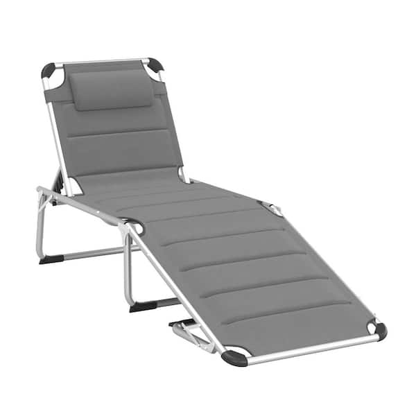 Otryad Gray Metal Foldable Outdoor Chaise Lounge, Aluminum 5-Level Reclining Camping Tanning Chair with Padding, Headrest