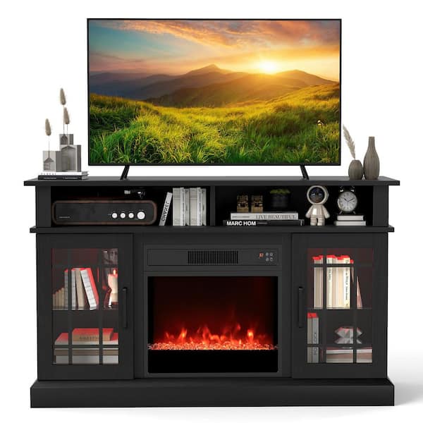 Black Wall Mounted TV Stand Fits TVs up to 40 in. with Electric Fireplace LED Lights and Remote Controls