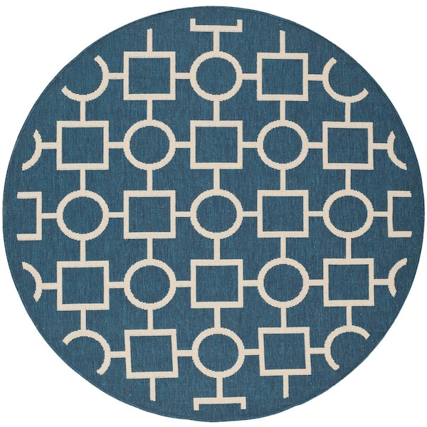 SAFAVIEH Courtyard Navy/Beige 5 ft. x 5 ft. Round Geometric Indoor/Outdoor Patio  Area Rug