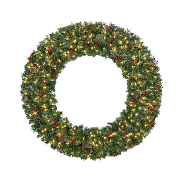 60 in. Large Pre-Lit Fir Artificial Christmas Wreath with Pine Cones, Berries, 523 PVC Branch Tips, 300 LED Light-Green