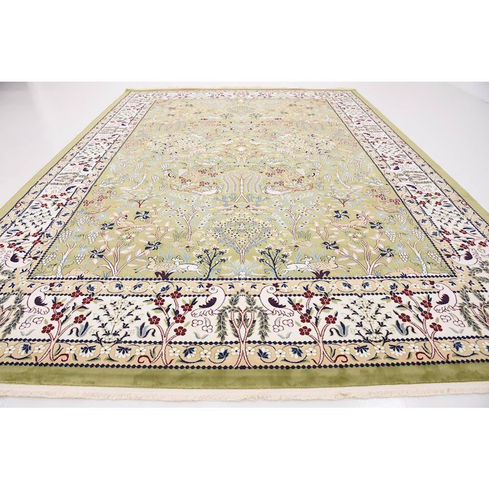 Green and Ivory Rectangular Floral Synthetic Area Rug 10' x 13'