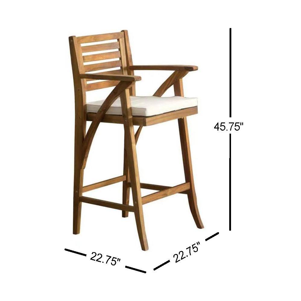 Teak Finish Acacia Wood Outdoor Barstools with Cushions, Set of 2