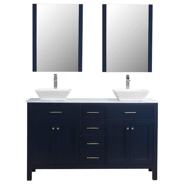 Unbranded Laguna 60 in. W x 18 in. D Vanity in Navy with Marble Vanity Top in White with White Basin and Mirror