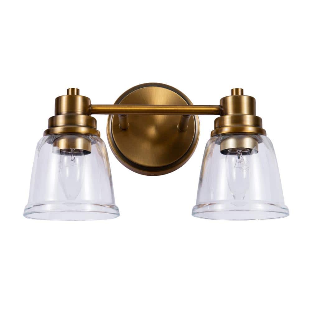 Warm Brass and Clear Glass 2-Light Vanity Fixture