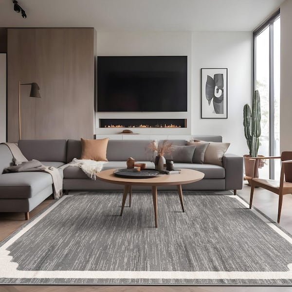 Hera Gray 5 ft. x 7 ft. Rubber Back Washable Corner Bordered Indoor Outdoor Patio Area Rug