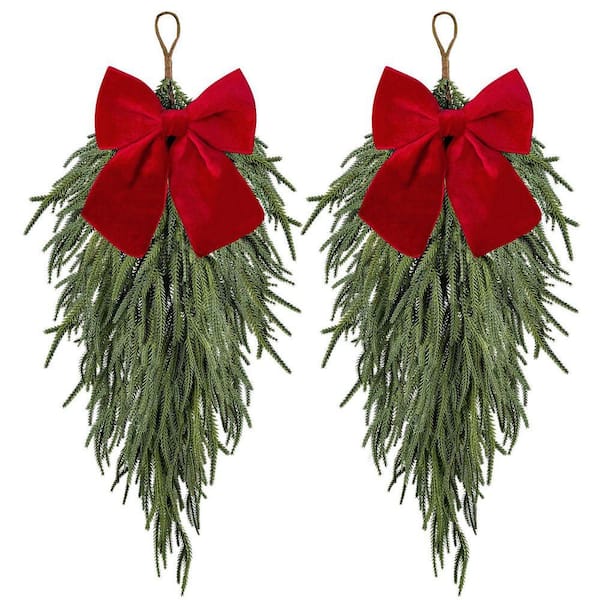 27.5 in. 2 Pcs Norfolk Pine Teardrop Artificial Christmas Swag with Velvet Bow for Door Window Mantle Fireplace Wall
