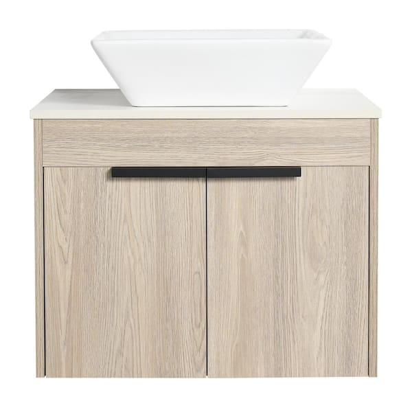 ANGELES HOME 23.6 in. W x 18.9 in. D x 23.3 in. H Modern Float Bath Vanity in White Oak with Ceramic Top,Soft Close Door,Single Sink
