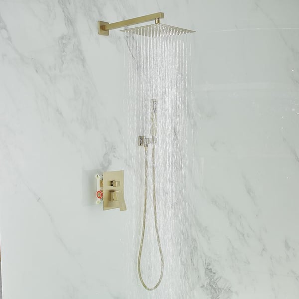 Luxurious Single Handle 2-Spray 10 in. Wall Mount Square Shower Head with Hand Shower Faucet in Brushed Gold
