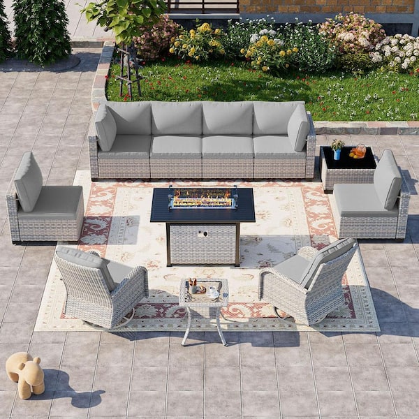 muphyers 11-Piece Wicker Patio Conversation Set with Fire Pit Table and Top Table. Swivel Rocking Chairs with Gray Cushions