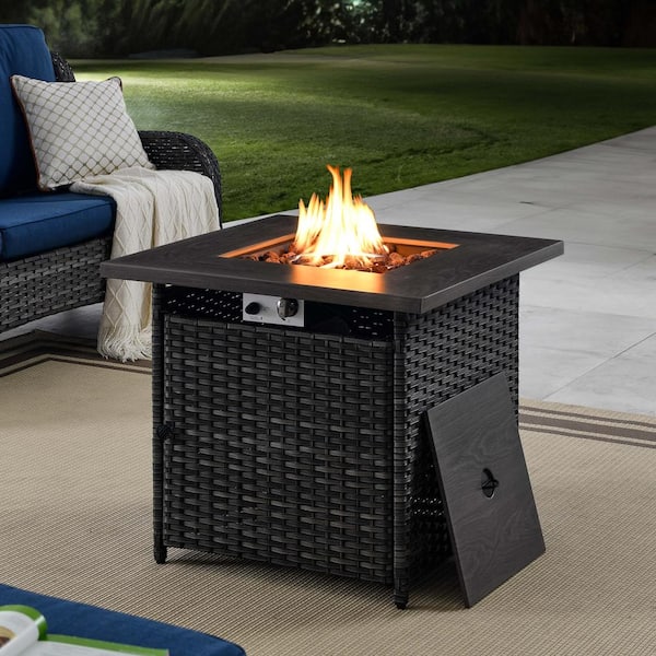 Opohoro ArcoBay 30 in. Square Gray Wicker and Metal Propane Gas Outdoor Fire Pit Table with Lava Rocks, 50000 BTU