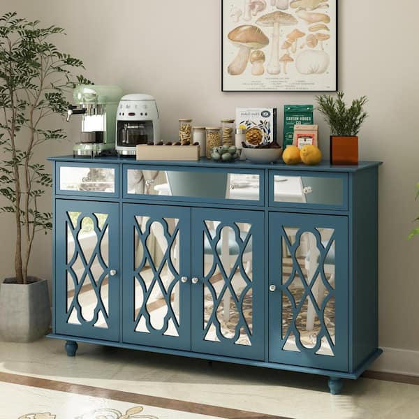 FUFU&GAGA Blue Wood 55.1 in. W 4-Doors Mirrored Buffet Cabinet Sideboard With 3 Mirror Drawers and Adjustable Shelves for Kitchen