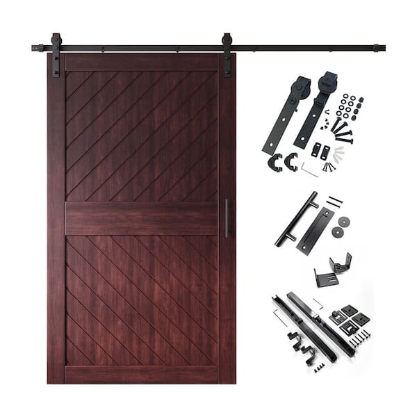 HOMACER XT3 42 in. x 84 in. C-Panel Red Mahogany Slanted Stripe Design Solid Pine Wood Sliding Barn Door with Hardware Kit