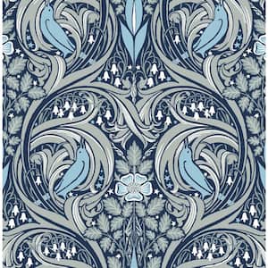 Navy and Sky Blue Bird Ogee Pre-Pasted Paper Wallpaper Roll 56 sq. ft.