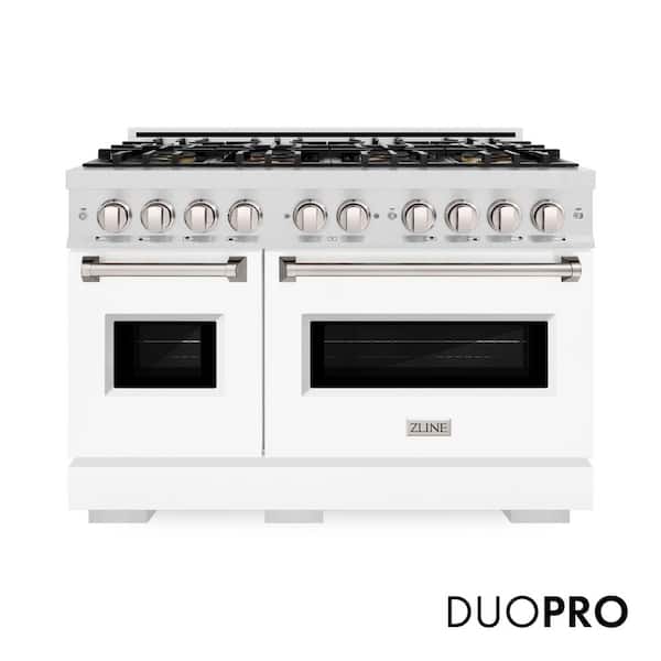 48 in. 6.7 cu. ft. Classic Dual Fuel Range with 8 Burner DuoPro Cooktop and Dual Ovens in Satin Stainless and White