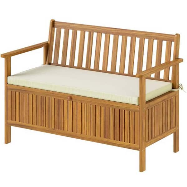Teak Wood Garden Outdoor Bench with Cream White Cushion and Storage Compartment