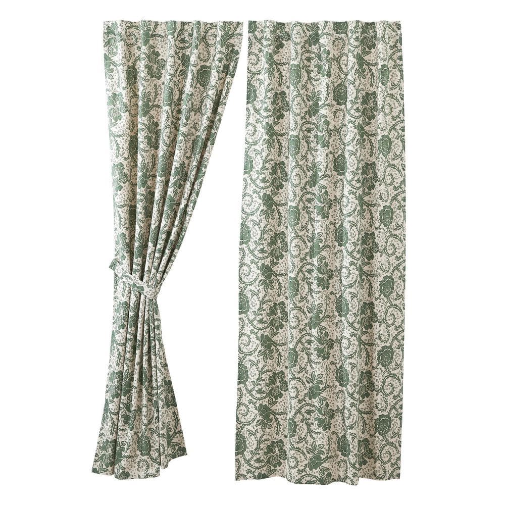 Green Floral Cotton Light-Filtering Rod Pocket Curtain Panels, 84x40
