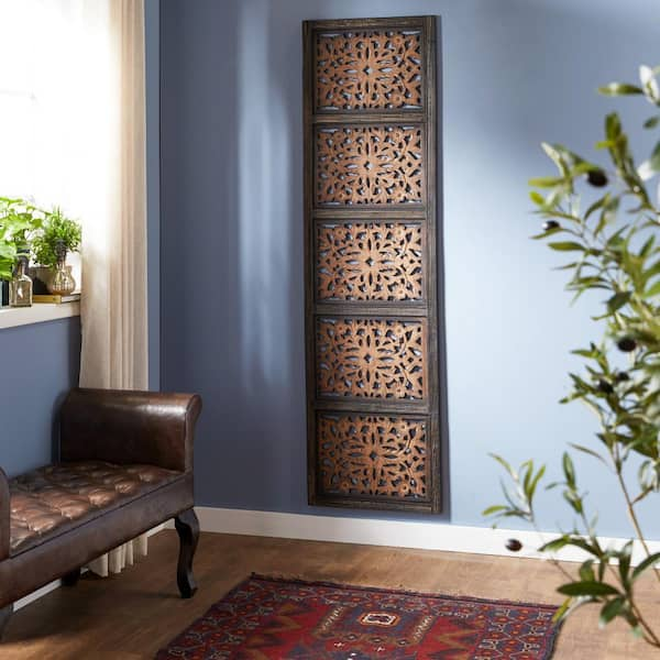 Litton Lane 20 in. x 72 in. Wood Brown Handmade Intricately Carved Floral Wall Decor