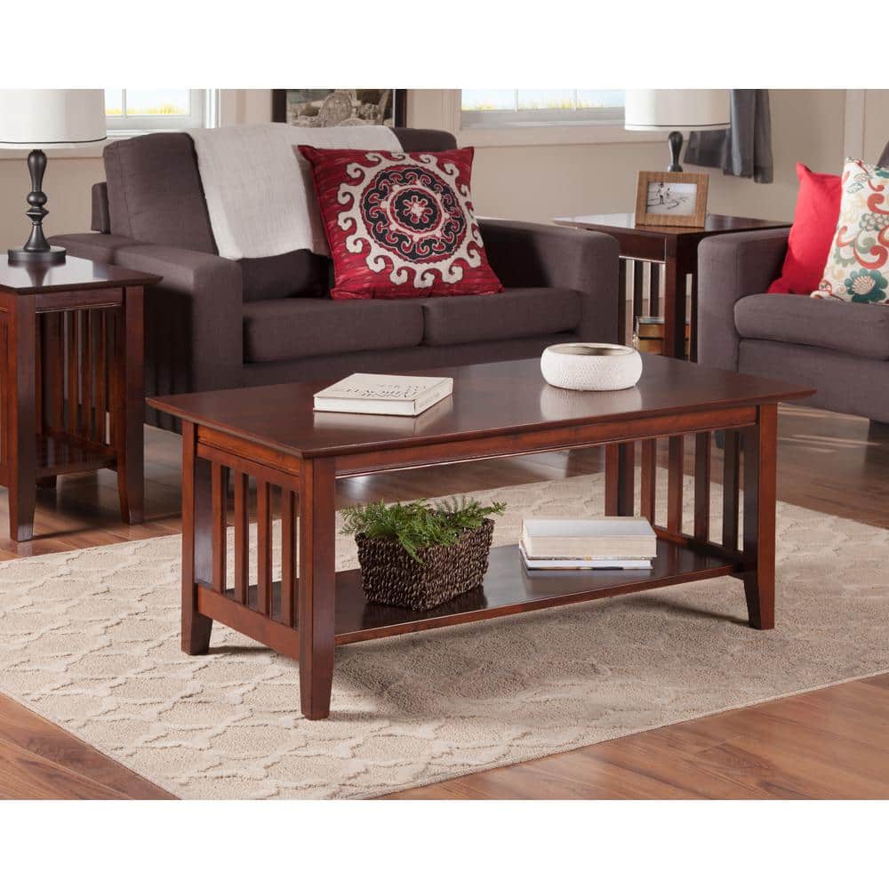 Walnut Solid Wood Rectangular Coffee Table with Shelf