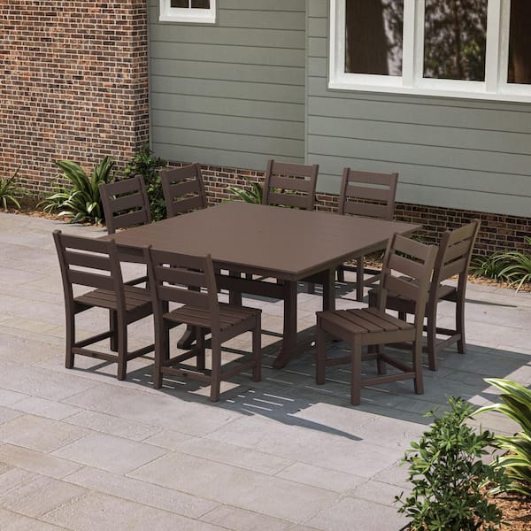POLYWOOD Grant Park Mahogany 9-Piece Farmhouse Trestle Plastic Square Outdoor Dining Set