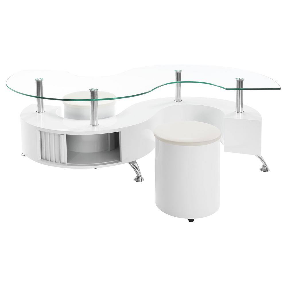 Curved Glass Top Coffee Table with White Stools