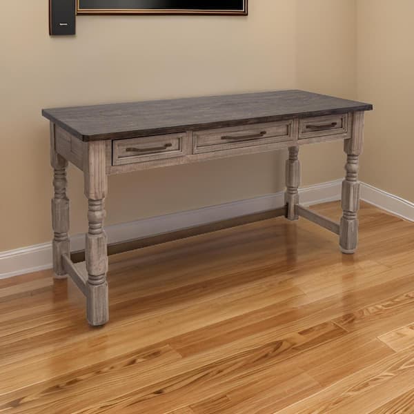 Benjara Nite 61 in. Rectangular Brown Wood 3-Drawer Desk with Farmhouse Turned Legs