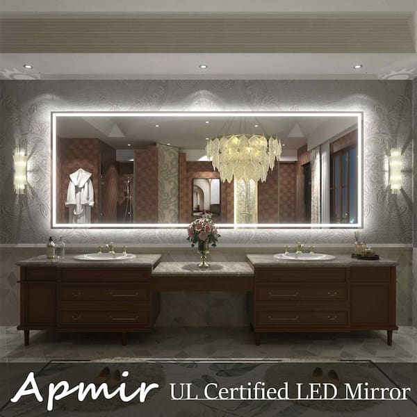 96in.W x36in.H Rectangular Frameless UL Certified Front and Back LED Anti-Fog Tempered Glass Wall Bathroom Vanity Mirror