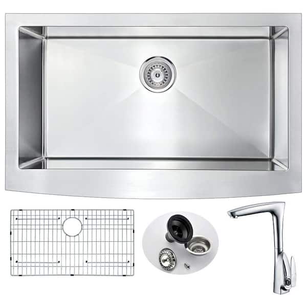 ANZZI ELYSIAN Farmhouse Stainless Steel 36 in. 0-Hole Kitchen Sink and Faucet Set with Timbre Faucet in Brushed Satin