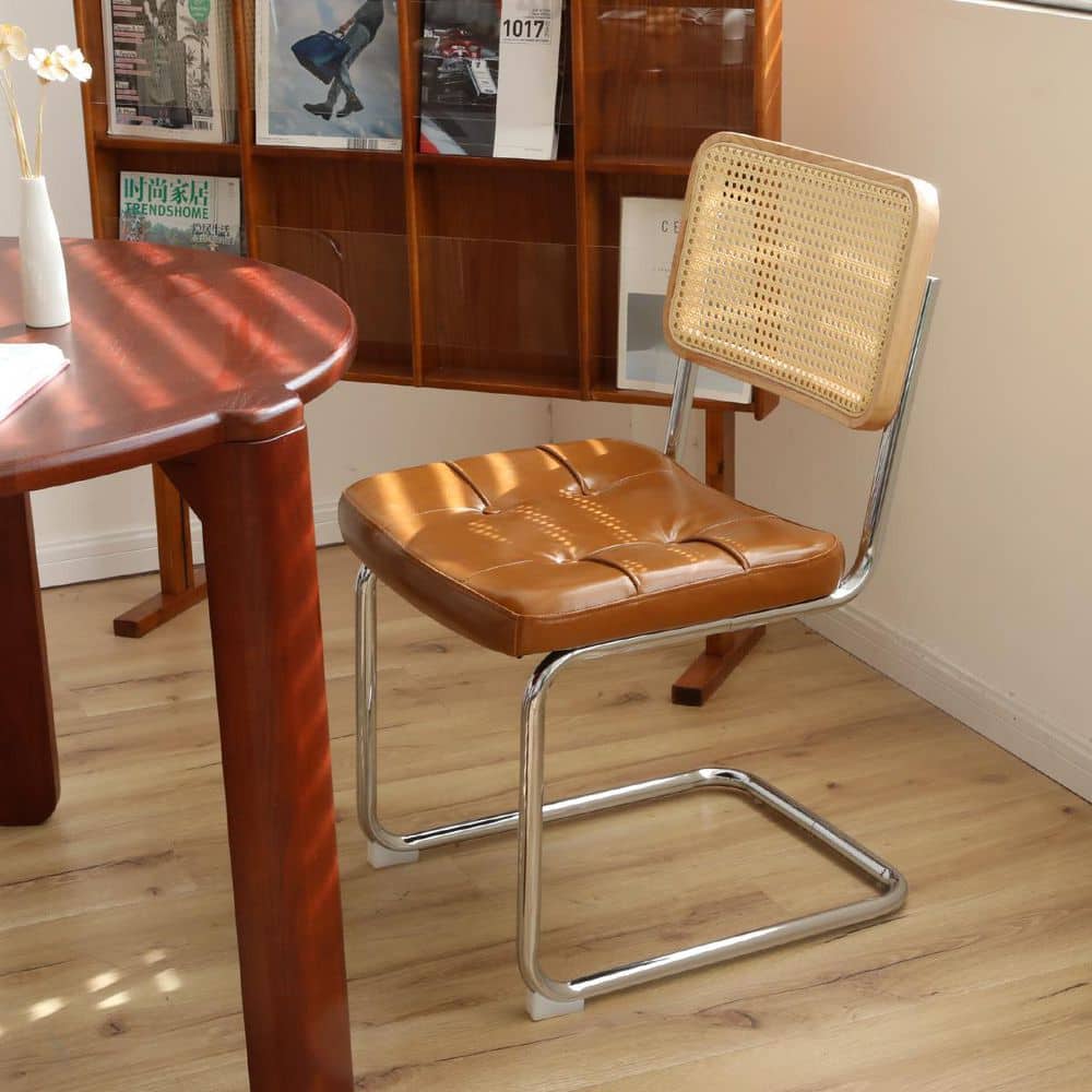 2Pcs Brown Faux Leather Dining Chair, Rattan Side Accent Chairs with Chrome