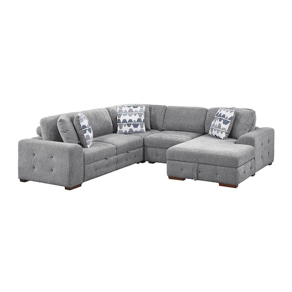 Laconia 113.5 in. Straight Arm Chenille 4-Piece Sectional Sofa with Right Chaise and Pull-out Bed in Gray