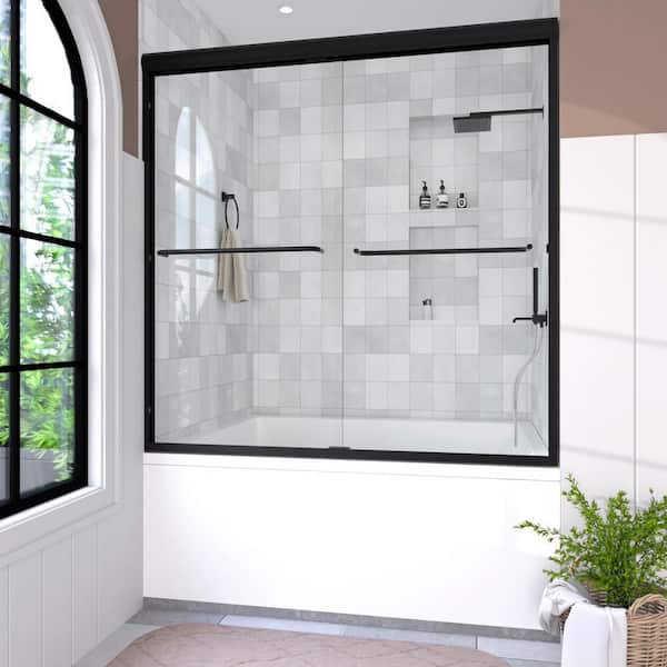 Lntano 60 in. W x 56 in. H Sliding Bath Tub Door in Semi Frameless in Matte Black with Clear Glass