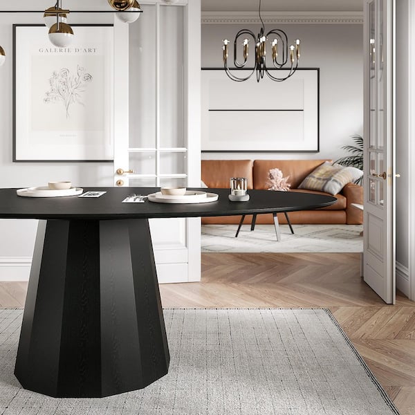 Modern Black Solid Wood 67 in. Pedestal Dining Table Seats 6