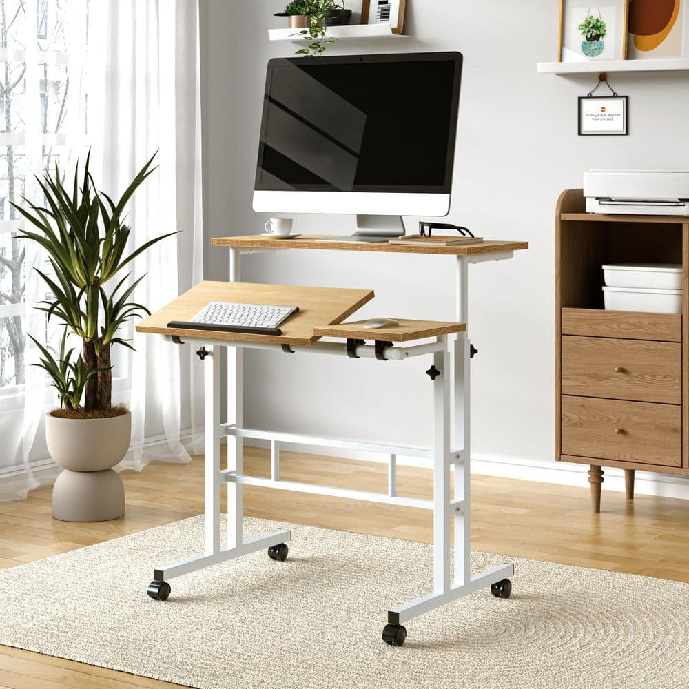 Adjustable Computer Desk 27.56 in. Rectangular Brown Wood with Tilting Surface and Mobile Casters Desk for Home Office price history on PriceWatchPro