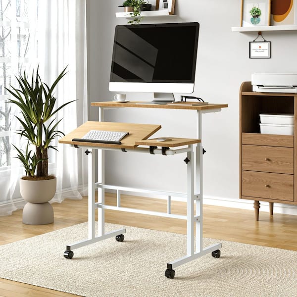 Adjustable Computer Desk 27.56 in. Rectangular Brown Wood with Tilting Surface and Mobile Casters Desk for Home Office