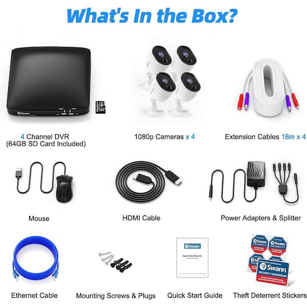 Swann Smart Security System 1080P 4カメラ Swann 4-Channel 64GB DVR Security Camera System with 4