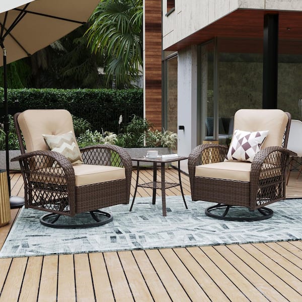 UPHA 3-Piece Brown Wicker Patio Outdoor Rocking Chair Set with Beige Cushion and Side Table