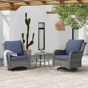OC Orange Casual 3-Piece Wicker Swivel Outdoor Rocking Chairs with Side Table Rattan Chair Set, Blue Cushions