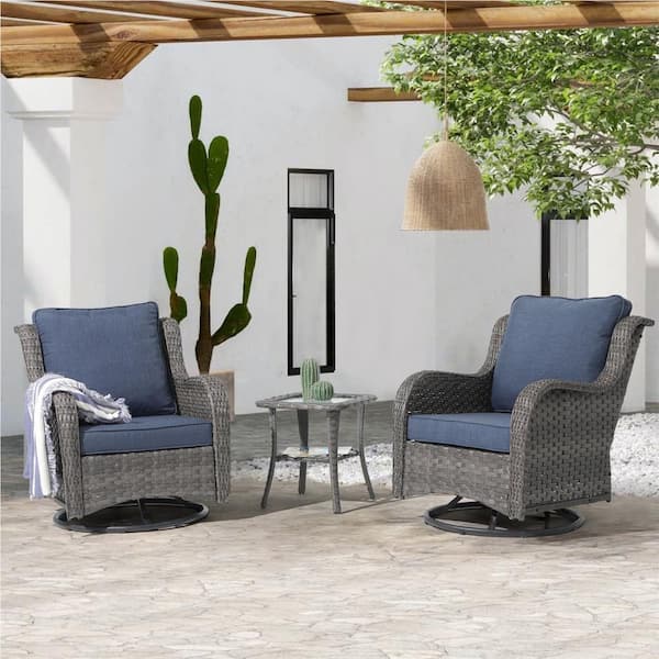 Freestyle 3-Piece Wicker Outdoor Rocking Chairs Patio Rattan Swivel with Side Table, Blue Cushions