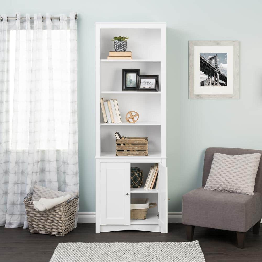 Tall White Wood Bookcase with Shaker Doors