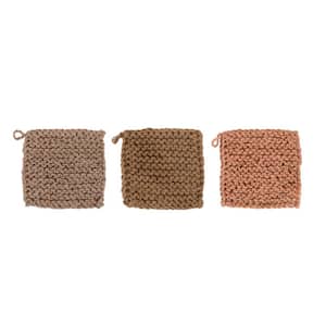 Square Jute Crocheted Pot Holder in Brown (Set of 3)