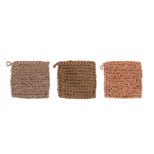 Storied Home Square Jute Crocheted Pot Holder in Brown (Set of 3)